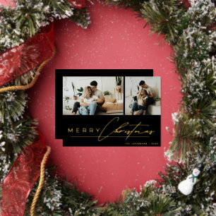 Modern Script Minimal Photo Gold Merry Christmas Foil Holiday Card