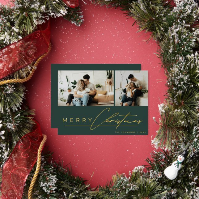 Modern Script Minimal Photo Green Merry Christmas Foil Holiday Card (Insitu)
