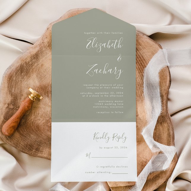 Modern Script Minimal Sage Green Wedding All In One Invitation (Creator Uploaded)