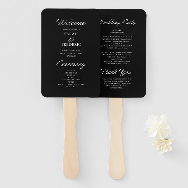 Modern Script Minimalist Black Wedding Program Hand Fan (Front and Back)
