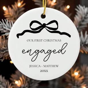 Modern Script Minimalist First Christmas Engaged Ceramic Ornament