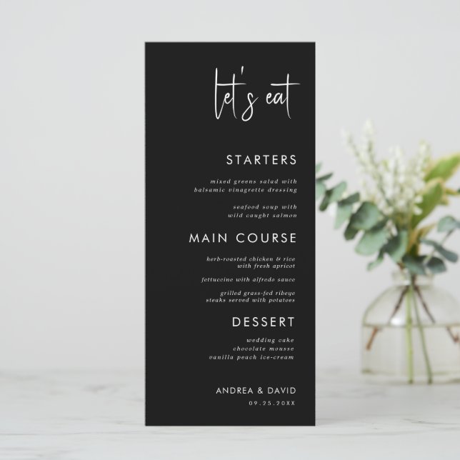 Modern Script Minimalist Let's Eat Black Wedding   Menu (Standing Front)