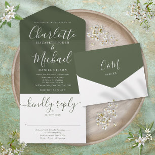 Modern Script Minimalist Olive Green Wedding All In One Invitation