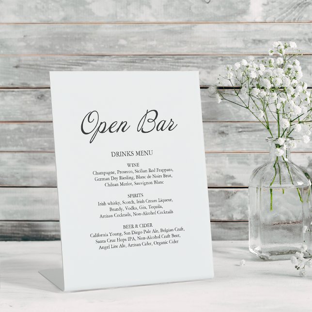 Modern Script Minimalist Open Bar White Wedding Pedestal Sign (Creator Uploaded)