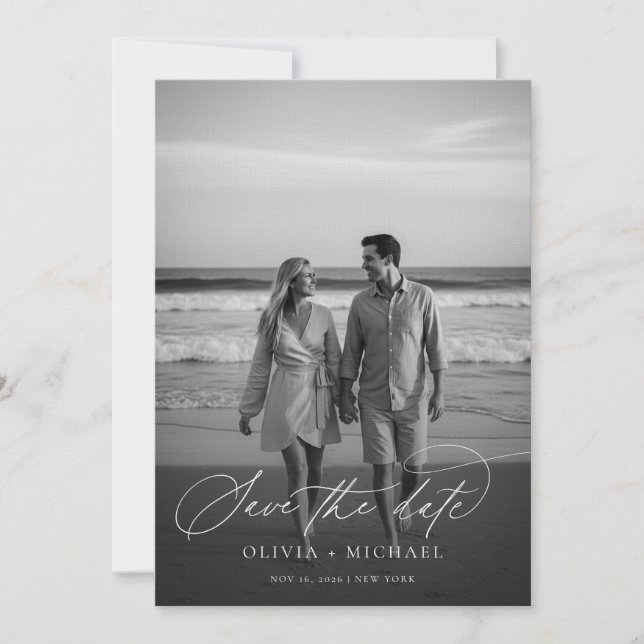 Modern Script Minimalist Wedding Photo Save The Date (Front)