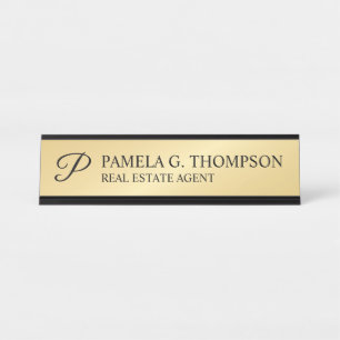 Modern Script Monogram Black and Gold Desk Name Plate