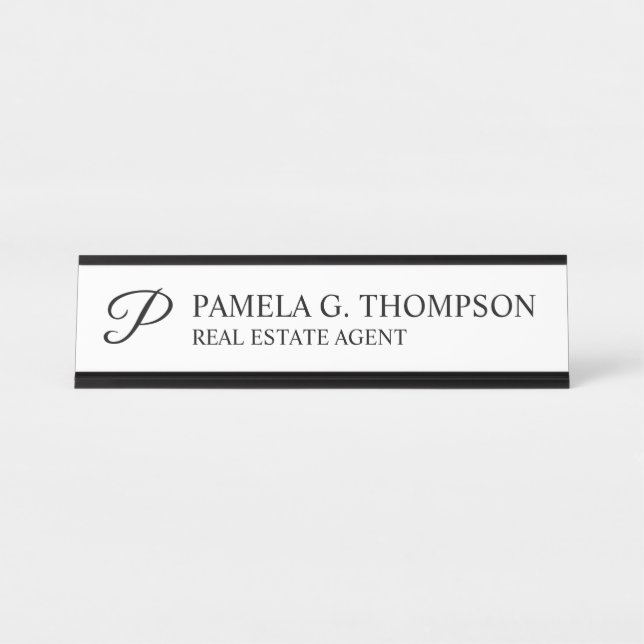 Modern Script Monogram Black and White Desk Name Plate (Front)