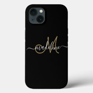 Modern Script Monogram Black Gold iPhone 13 Case