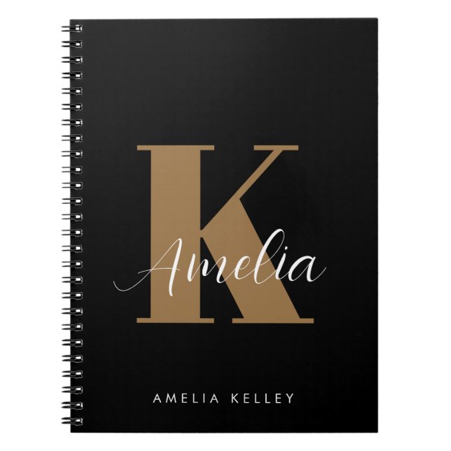 Modern Script Monogram Black Gold Notebook (Front)