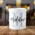 Modern Script Monogram Custom Jumbo Large Coffee Mug<br><div class="desc">Elegant, modern giant coffee mug with your custom name and monogram in a trendy hand lettered script calligraphy design in minimalist dusty light blue and black, this large typography driven design makes a great gift for coworkers, teachers, coaches, girlfriends, boyfriends, wives, daughters, or any other work or family member! Great...</div>