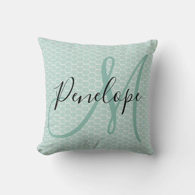 Modern Script Monogram Honeycomb Teal Cushion (Front)