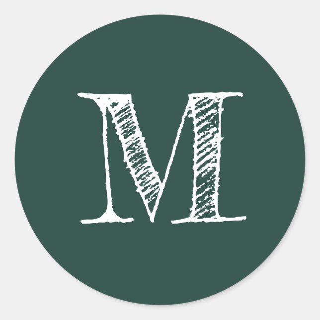 Modern Script Monogram Initial Dark Green Classic Round Sticker (Front)