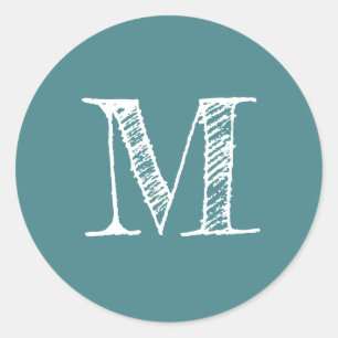 Modern Script Monogram Initial Teal Classic Round Sticker