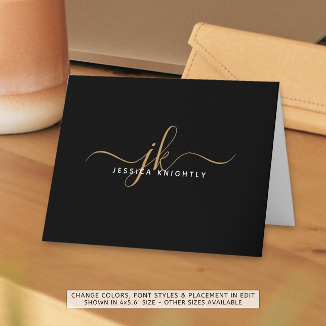 Modern Script Monogram Initials Minimal Black Gold Note Card (Creator Uploaded)