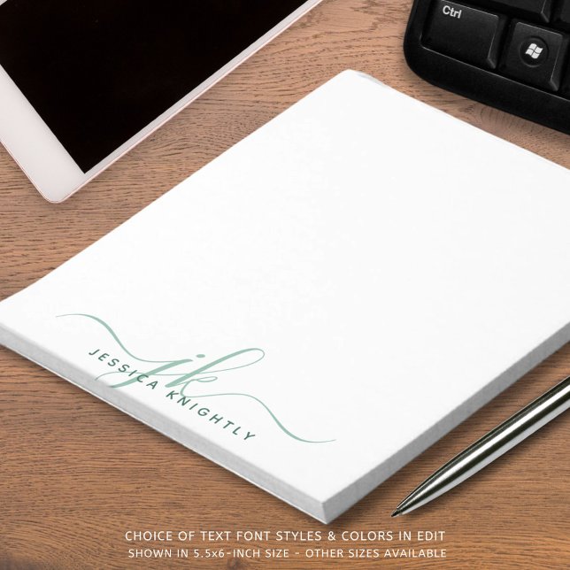 Modern Script Monogram Initials Minimalist Green Notepad (Creator Uploaded)