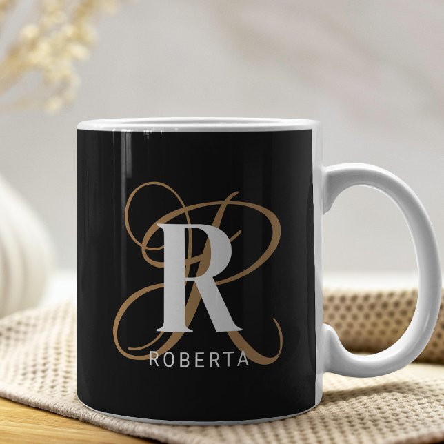 Modern Script Monogram Name Black Gold Coffee Mug (Creator Uploaded)