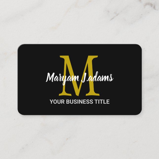 Modern Script Monogram (QR Code) Chic Black Gold Business Card (Front)