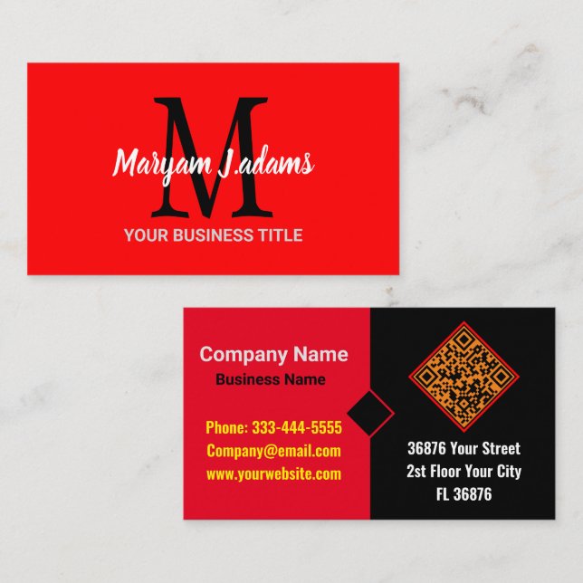 Modern Script Monogram (QR Code) Chic Black Red  Business Card (Front/Back)