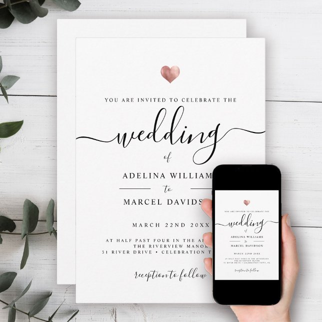 Modern Script Monogram Rose Gold Heart Wedding Invitation (Creator Uploaded)