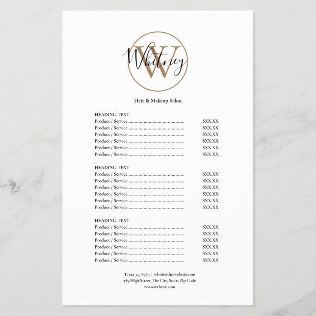 Modern Script Monogram Salon Service Menu (Front)