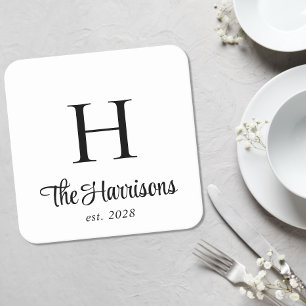 Modern Script Monogram Square Paper Coaster