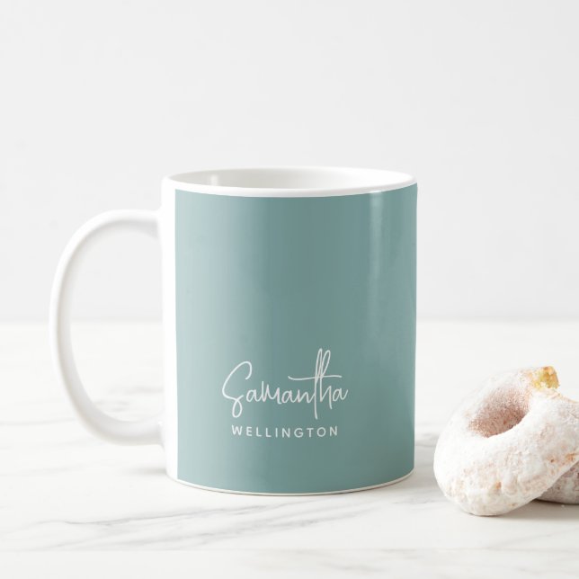 Modern Script Monogram Turquoise Mint Green Name Coffee Mug (With Donut)