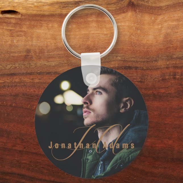 Modern Script Monogrammed Full Photo Key Ring (Front)