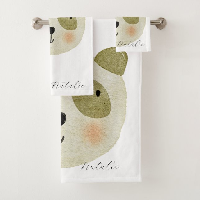 Modern script monogrammed safari animals white bath towel set (Insitu)