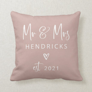Modern Script   Mr and Mrs. Wedding Earthy Pink Cushion
