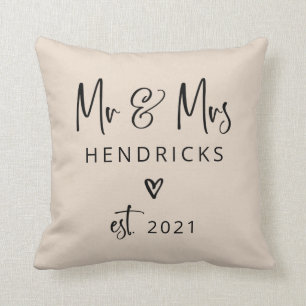 Modern Script Mr and Mrs Wedding Neutral and Black Cushion