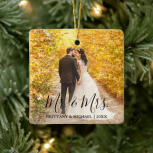 Modern Script Mr. & Mrs. Wedding Photo Ceramic Ornament