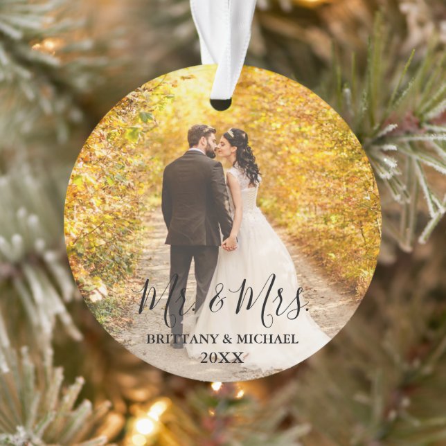 Modern Script Mr. & Mrs. Wedding Photo Ornament (Tree)