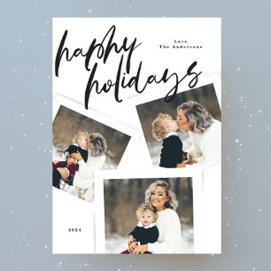 modern script multi photo collage brush happy holiday card