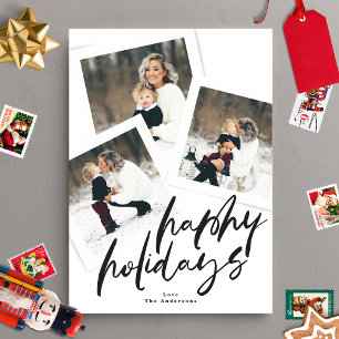 modern script multi photo collage brush happy holiday card