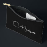 Modern Script Name  Accessory Pouch<br><div class="desc">This accessory pouch can serve as an everyday accessory or makeup bag,  OR Gift your maid of honour,  bridesmaids,  flower girl,  mother of the bride,  and mother in law,  a simple,  minimalist stylish toiletries,  makeup bag. White script name on black. This style with name only,  for everyday use.</div>