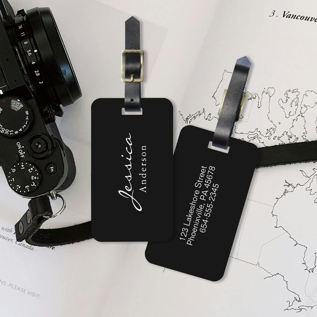 Modern Script Name Address Luggage Tag (Elevate your travel with our elegant luggage tag, personalized with your name and essential details.)