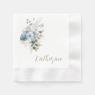 Modern Script Name Blue Floral Bridal Shower Napkin