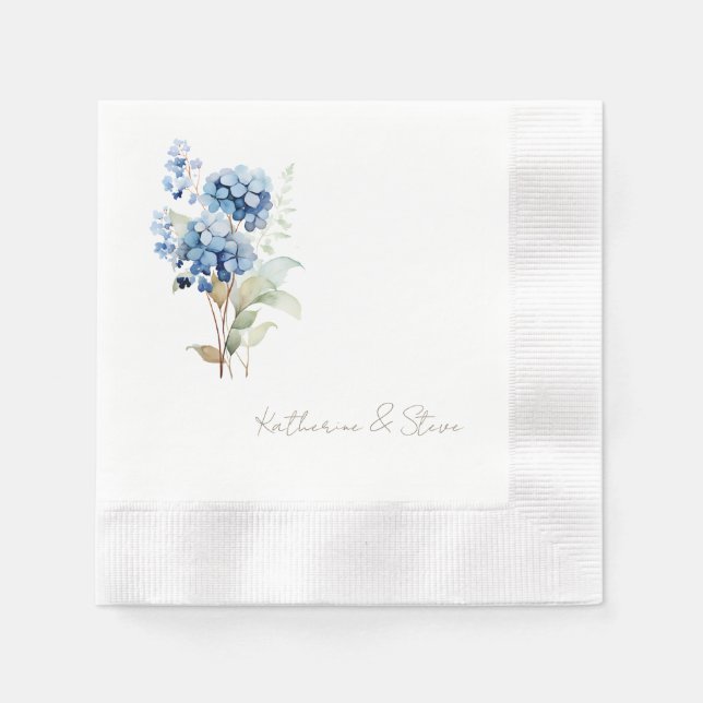 Modern Script Name Blue Hydrangea Wedding Napkin (Front)