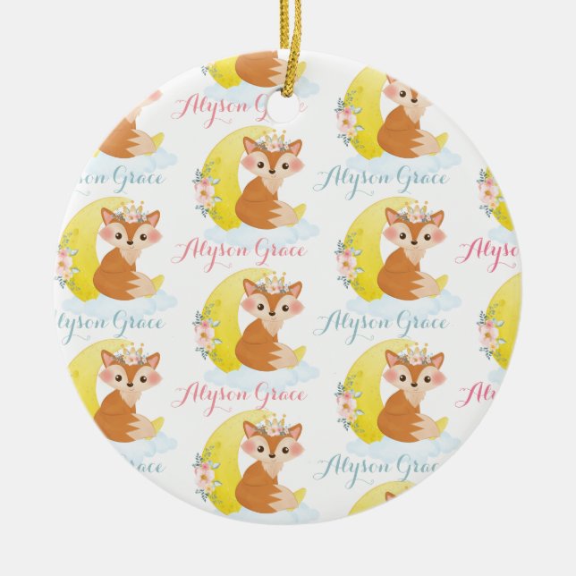 Modern Script Name Cute Girly Floral Fox Pattern Ceramic Ornament (Front)