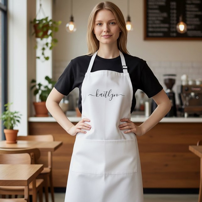 Modern Script Name Gift for her Personalised  Standard Apron (Custom name script white apron.)