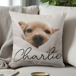 Modern Script Name Personalised Pet Photo Dog Cushion