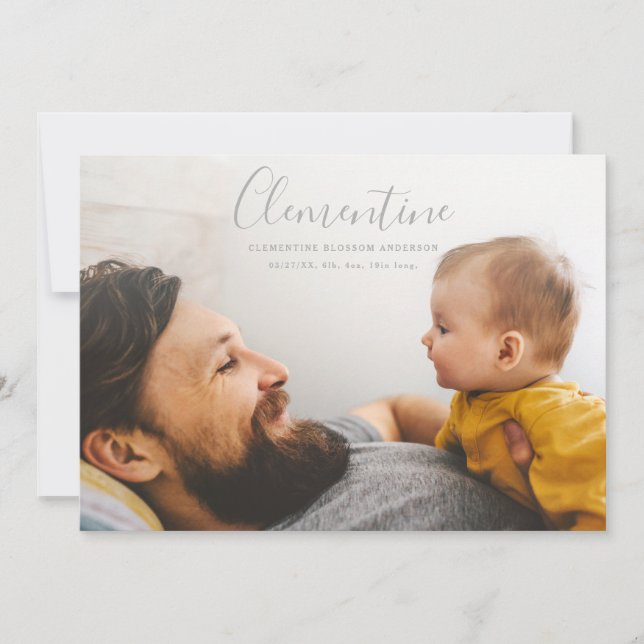 Modern script name photo polka dot birth announcement (Front)