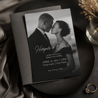 Modern Script Names Black and White Photo Wedding Invitation