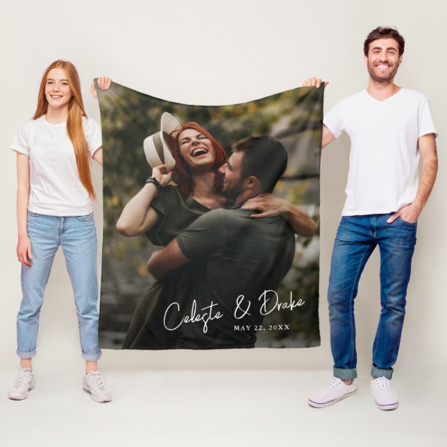 Modern Script Names Couples Photo Wedding Fleece Blanket (In Situ)