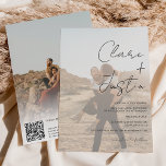 Modern script names photos Qr code wedding Invitation<br><div class="desc">A modern, chic and elegant wedding invitation with custom names with a hand written calligraphy in black and white, with a white overlay and 2 photo, add your QR code for rsvp , wedding details and more. All the text, names and background colours are customisable. A simple and minimalist invitation....</div>