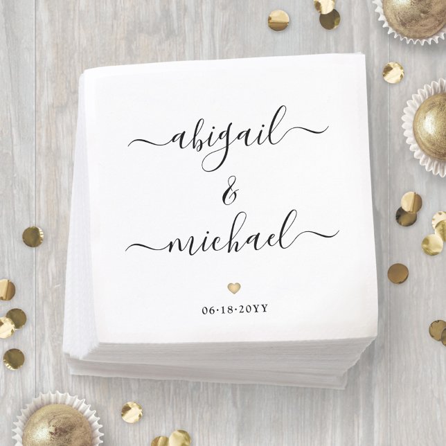 Modern Script Names & Simple Gold Heart Wedding Napkin (Creator Uploaded)