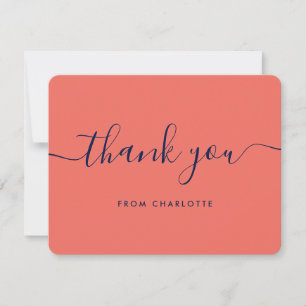 Modern Script Navy Blue and Coral Wedding Shower Thank You Card
