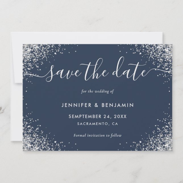 Modern Script Navy Blue and Silver Glitter Wedding Save The Date (Front)