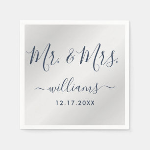 Modern Script Navy Blue and Silver Mr. and Mrs. Napkin