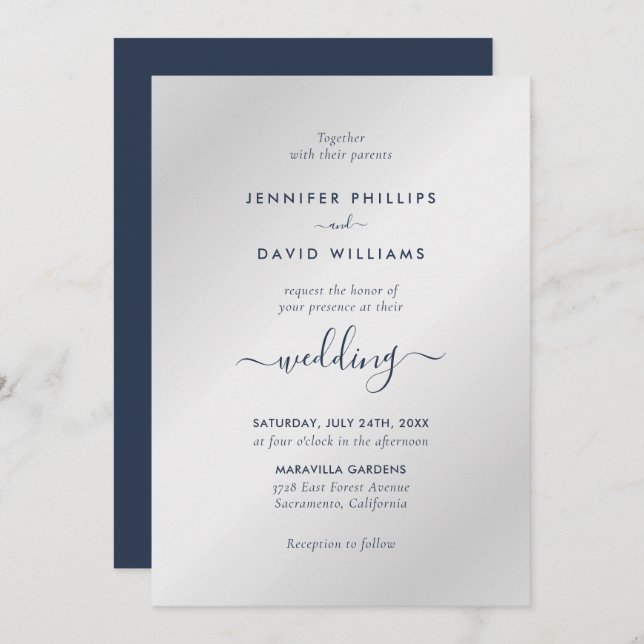 Modern Script Navy Blue and Silver Wedding Invitation (Front/Back)